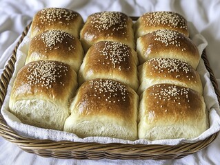 A close-up shot of fluffy, soft French bread, freshly baked and topped with sesame seeds and flour