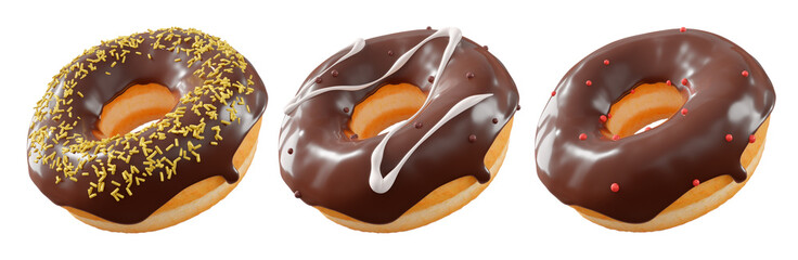 Donuts with chocolate glaze, sprinkles, white drizzle, and dots isolated on white transparent background. 3d rendering and illustration of dessert variety