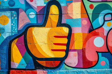 Thumbs up with abstract graffiti featuring various colors, shapes, and patterns for street art and urban culture concept