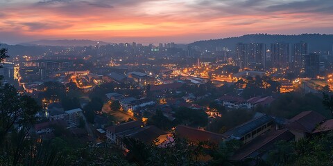Fototapeta premium Panoramic cityscape view at dawn with vibrant sky and city lights