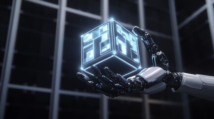 A robotic arm holding a glowing energy cube in a dark futuristic space