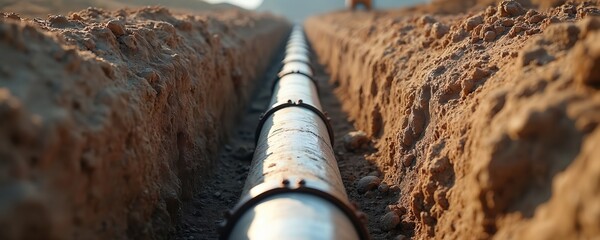 Underground pipeline installation deep trench. Metal pipes for water supply or gas lines. Civil engineering, construction project. Energy infrastructure, industry, urban development.