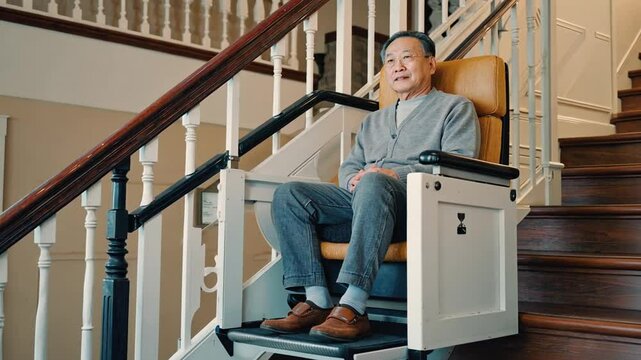 Senior person on a stairlift, at home.