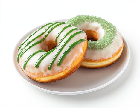 Two glazed doughnuts, one with green icing stripes and the other with green sprinkles