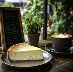 A slice of New York-style cheesecake on an elegant plate beside a cup of coffee in a cozy café with soft lighting, green plants