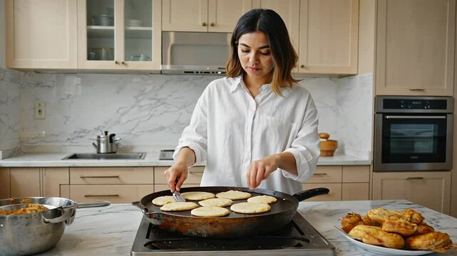 Hispanic woman making arepas.