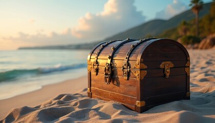 Fototapeta premium Closed wooden treasure chest on sandy beach near ocean. Vintage box, pirate treasure concept. Sunshine on coast, sea waves. Adventure, discovery, travel, vacation, treasure hunt themes.
