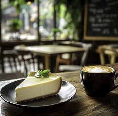 A slice of New York-style cheesecake on an elegant plate beside a cup of coffee in a cozy café with soft lighting, green plants