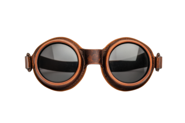 Vintage steampunk aviator goggles with leather frame and reflective lenses, cut out