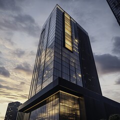 A modern glass skyscraper with a sleek black steel facade standing tall in the heart of Bangkok