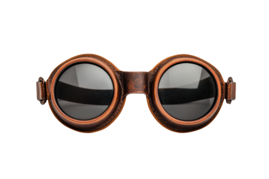 Vintage steampunk aviator goggles with leather frame and reflective lenses, cut out