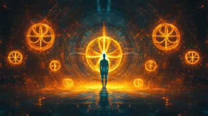 Craft a digital artwork of a solitary figure amidst glowing symbols of peace