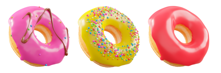Donuts with yellow lemon glaze, sprinkles, white drizzle, and dots isolated on white transparent background. 3d rendering and illustration of dessert variety