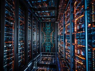 Fototapeta premium Data Center's Core: A captivating view inside a modern data center, showcasing server racks filled with powerful hardware and intricate network connections.