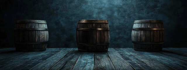 Aged Wooden Barrels on Dark Wooden Floor