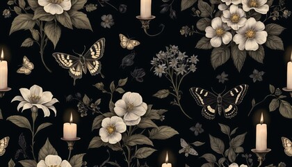 Gothic cottage core wallpaper with inky black backgrounds and delicate pressed nightshade flowers, moth illustrations, and candlelight 