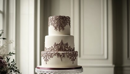 A luxurious three-tiered wedding cake adorned with intricate icing designs in rose gold and burgundy