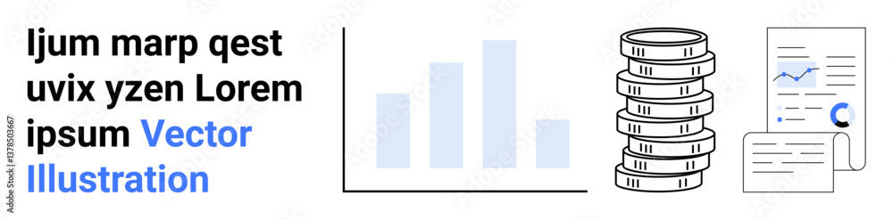 Poster bar chart for progress trends, coin stack for money concepts, reports with analytics. ideal for fina