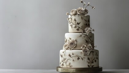 A luxurious three-tiered wedding cake adorned with intricate icing designs in rose gold and burgundy