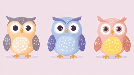 Fototapeta premium Whimsical owls in pastel hues gaze forward. A charming illustration with a soft pink backdrop evokes a sense of gentle curiosity