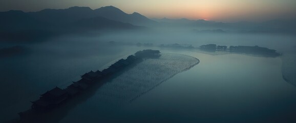Eerie landscape featuring mountains, water, and structures shrouded in a thick fog at dusk or dawn
