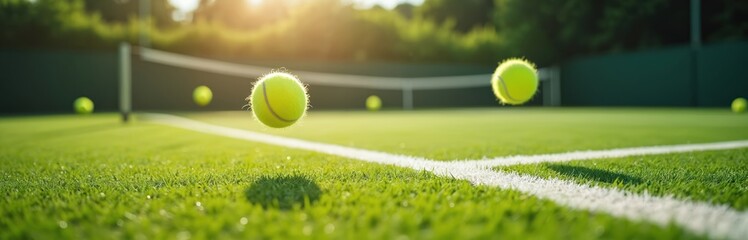 Sunlit tennis court with green grass, white lines and floating tennis balls. Sunny summer sports competition, game play on lawn. Ideal for sports articles, promotional materials.