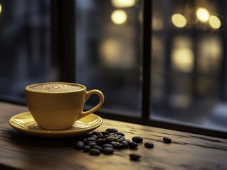 A vibrant yellow coffee cup with saucer placed on a wooden tabletop