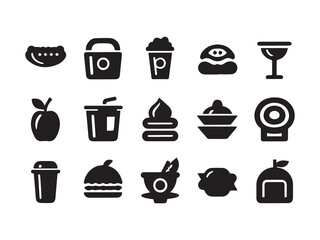 Fototapeta premium Black Food Icon Set Solid Silhouette Symbols Featuring Cuisine Elements Isolated