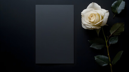 un fondo negro con una hoja de papel color negro con una flor rosa blanca a un lado como decorativa elegante o tarjeta para esquela o plantilla