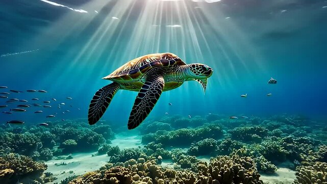 Majestic sea turtle swimming gracefully through vibrant coral reef illuminated by sunbeams