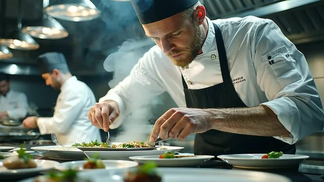 An unconventional dish being plated in a busy restaurant at dusk