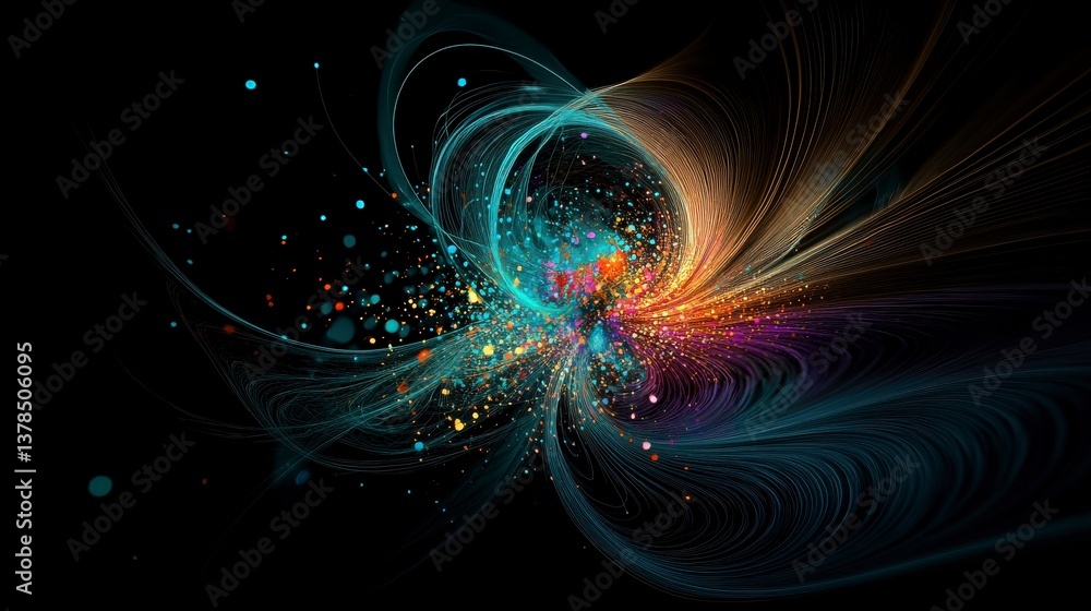 Poster abstract colorful particle burst on black background