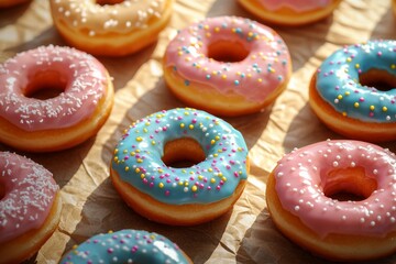 Assorted Mini Donuts with Pastel Glazes on Baking Parchment