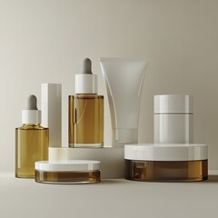 An ultra-realistic composition showcasing various white and amber skincare bottles arranged on a clean