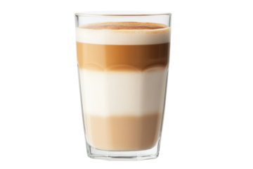 Layered iced coffee latte in tall glass with frothy milk and espresso, cut out