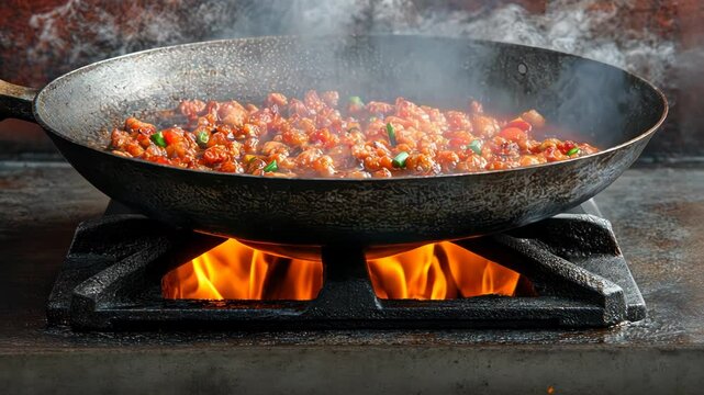Stir-fried dish cooking in a large pan over an open flame