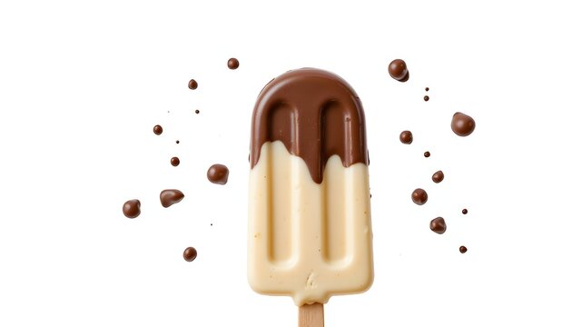 A delicious stick kulfa ice cream with a creamy vanilla base, topped with a rich chocolate splash, isolated on a clean white background.