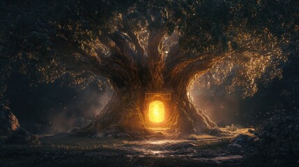 Majestic ancient tree with glowing portal at dusk inviting exploration and adventure in a magical forest