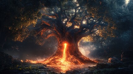 Majestic ancient tree with glowing portal at dusk inviting exploration and adventure in a magical forest