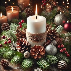 White candle surrounded by pinecones, ornaments, and evergreen branches.









