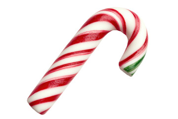 Obraz premium Classic red and white peppermint candy cane with green stripe detail, cut out