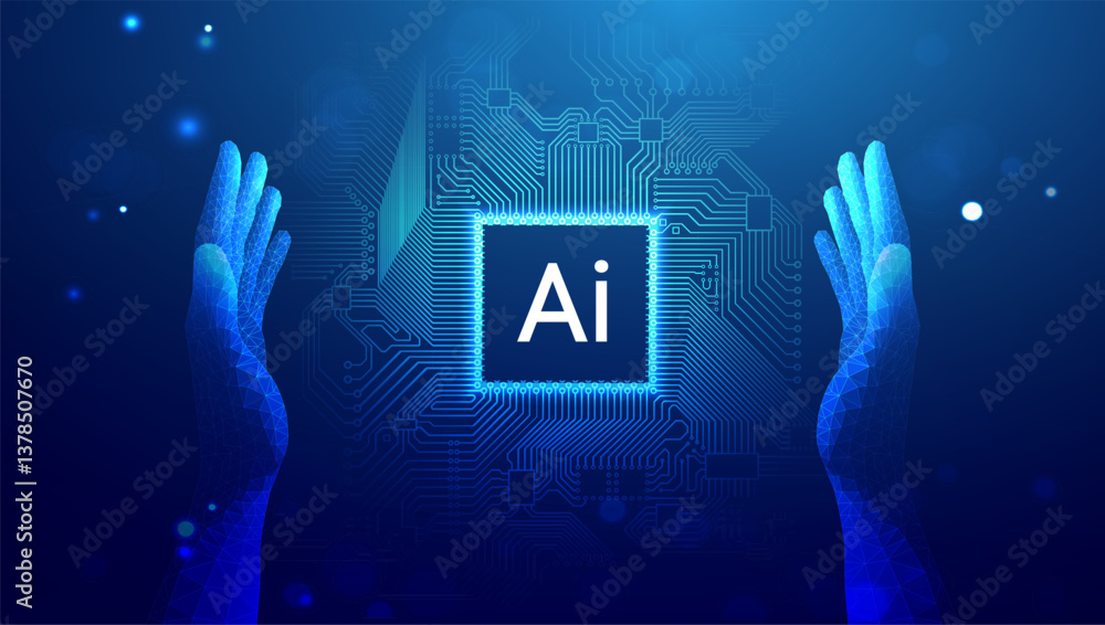 Poster futuristic digital ai hand holding ai microchip with circuit board connections, artificial intellige