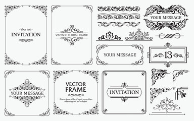 Design elements set, decorative flourish border corner and frame collection for invitation, menu and page decoration