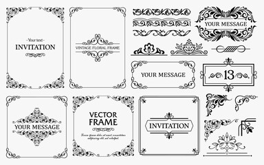 Design elements set, decorative flourish border corner and frame collection for invitation, menu and page decoration