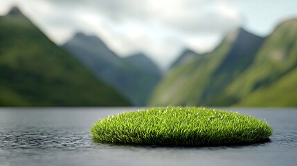 Fototapeta premium A serene landscape featuring a small island of grass in a calm body of water, surrounded by lush green mountains under a cloudy sky.