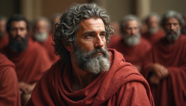 Close-up photo of Plato looking away with deep thought. Bearded man in red robe represents ancient Greek philosopher in classroom, academy. Concept of intellectual, wisdom, philosophy, education.