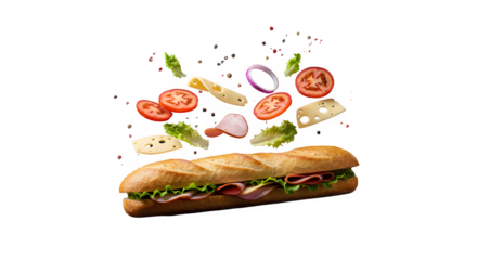 Baguette Sandwich isloated on transparent background, Baguette Sandwich with Salami, Cheese, and Vegetables, Subway sandwich with Meat, Cheese, and Greens Isolated on White, Gourmet Baguette Sandwich