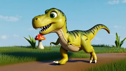 Playful cartoon dinosaur exploring a vibrant green meadow with a mushroom and blue sky backdrop - Powered by Adobe