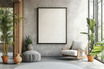 Interior view of a living room with a blank frame, chair and plants against a textured wall