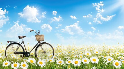 Naklejka premium Vintage Bicycle in a Daisy Field under a Sunny Sky